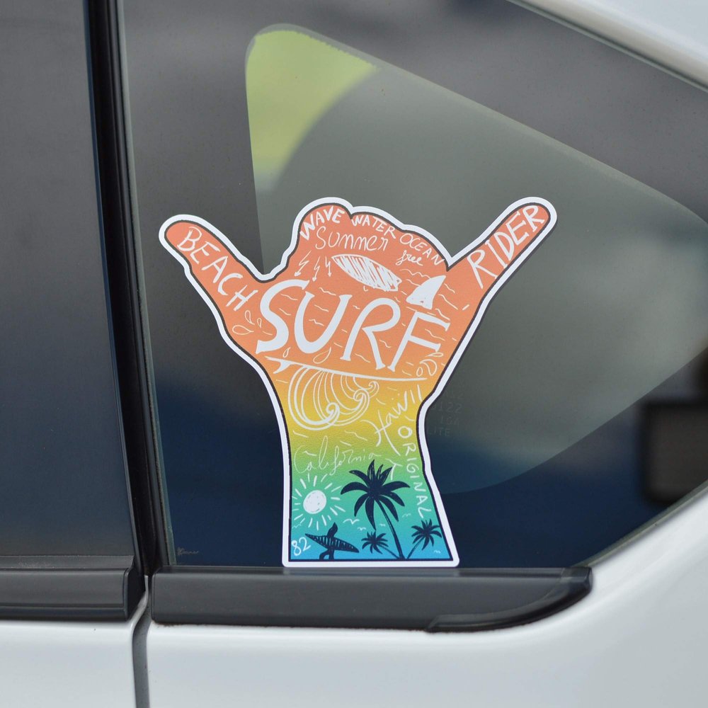 Hang Loose Shaka Sign Surf Sticker | Hawaii Sunny Beach & Palm Tree Decal for Vehicle or Laptop
