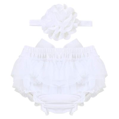 Hularka Infant Newborn Baby Girls Ruffled Tutu Bloomer Diaper Shorts Cover and Headband Set Photo Shoot Props Outfits White 6-9 Months