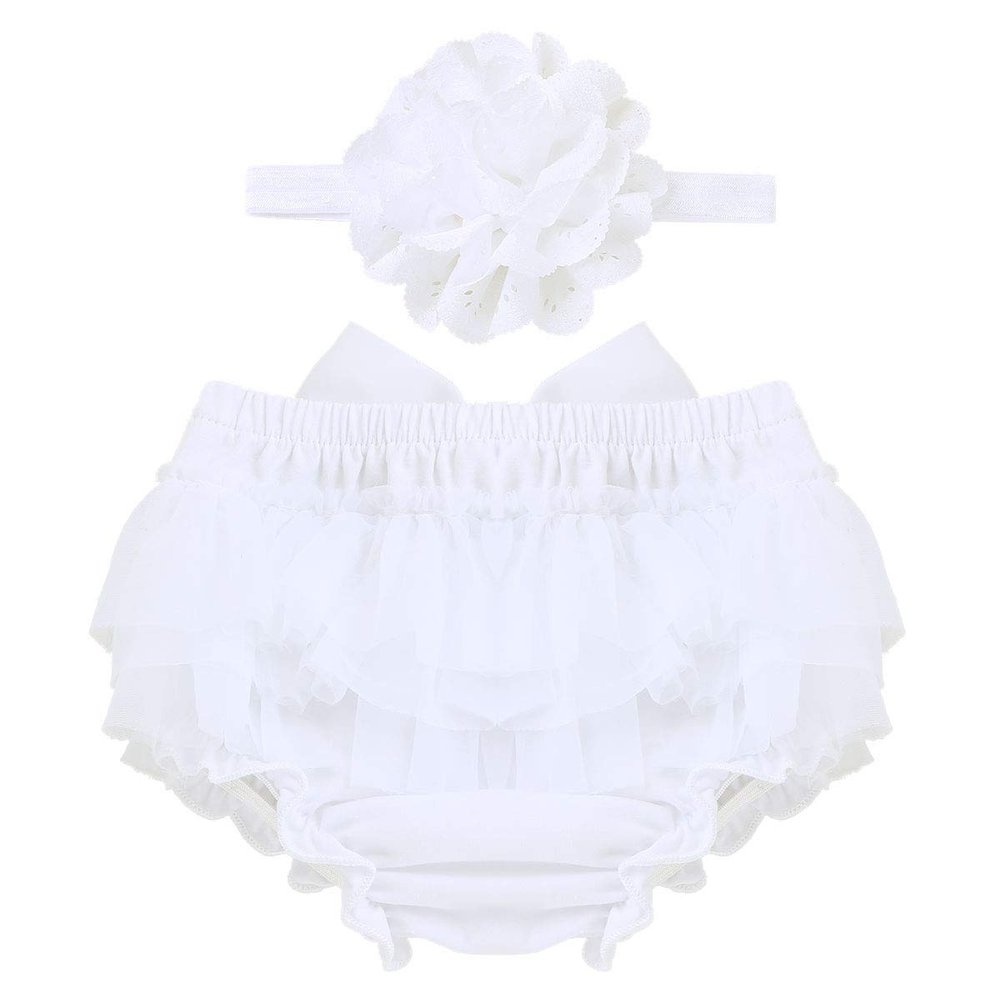 Hularka Infant Newborn Baby Girls Ruffled Tutu Bloomer Diaper Shorts Cover and Headband Set Photo Shoot Props Outfits White 6-9 Months