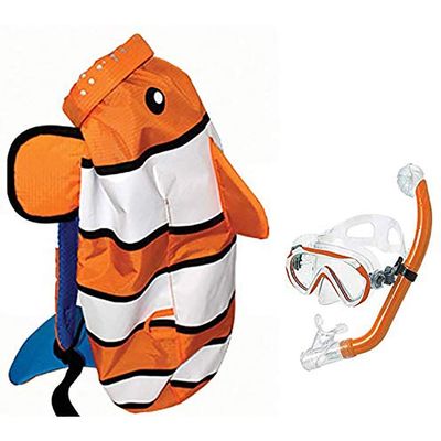 Head Sea Pals Junior Dry Snorkeling Mask/Snorkel Combination Kit for Children Ages 8 to 12 with Carry Bag, Orange Clownfish