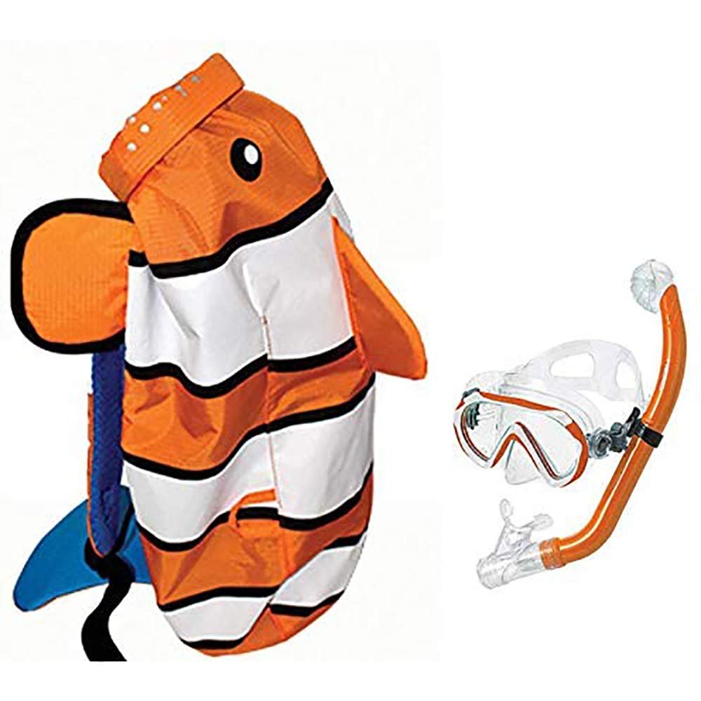 Head Sea Pals Junior Dry Snorkeling Mask/Snorkel Combination Kit for Children Ages 8 to 12 with Carry Bag, Orange Clownfish
