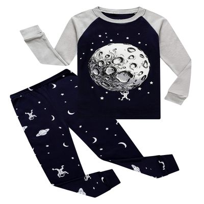 Glow in The Dark Moon Space Little Boys Long Sleeve Pajamas Sets 100% Cotton Sleepwear Toddler Kids Pjs Size 4T Blue