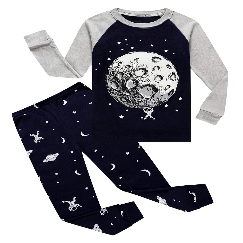 Glow in The Dark Moon Space Little Boys Long Sleeve Pajamas Sets 100% Cotton Sleepwear Toddler Kids Pjs Size 4T Blue
