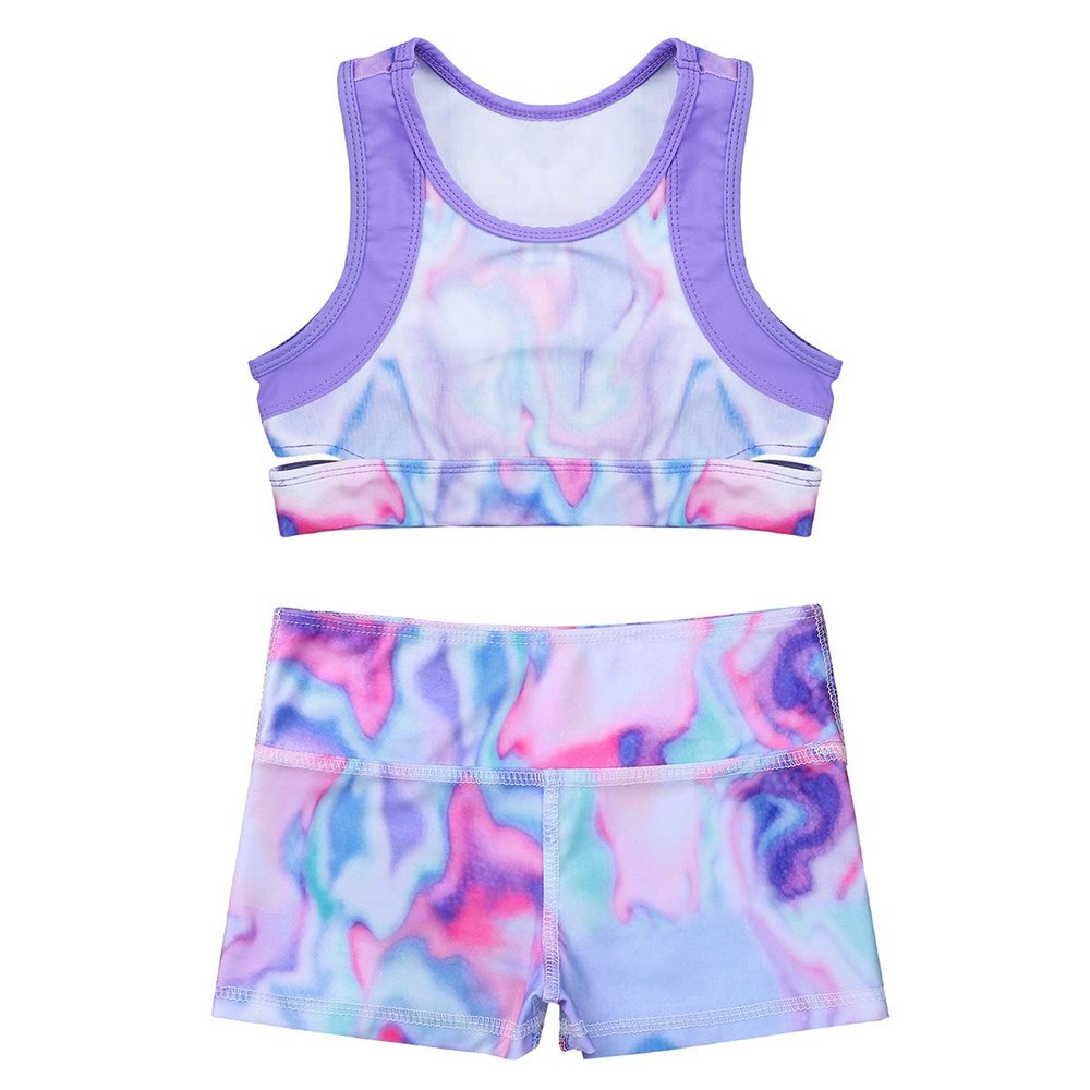 Moily Girls Two Piece Athletic Outfit Tie Dye Crop Top with Booty Shorts for Gymnastics/Dance/Sports Colorful 12-14 Years