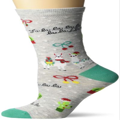 K. Bell Socks Women's Holiday Fun Novelty Crew Socks, FA La La La Llama (Gray Heather), Shoe Size: 4-10
