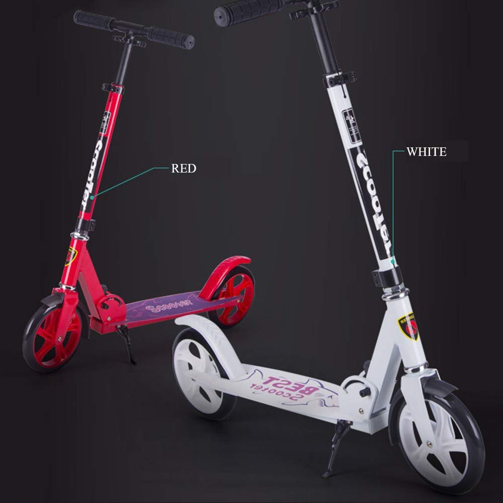WRRAC-Trampolines Scooters 2 Wheeled Folding Kick Scooter with Adjustable Handlebar Rear Brake Shock Absorption Mechanism Foot Scooter for Youth and Adult, Red, White