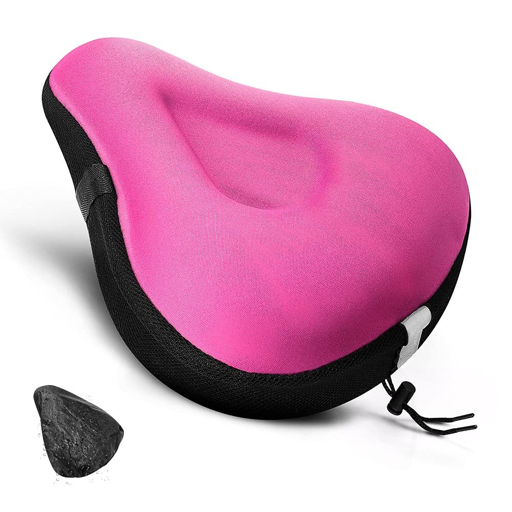 ANZOME Gel Bike Seat Cushion for Women - Pink Memory Foam Padded Seat Cover for Peloton, Spin Class & Stationary Exercise Bikes - Fits Standard Wide Saddles (Waterproof Cover Included)