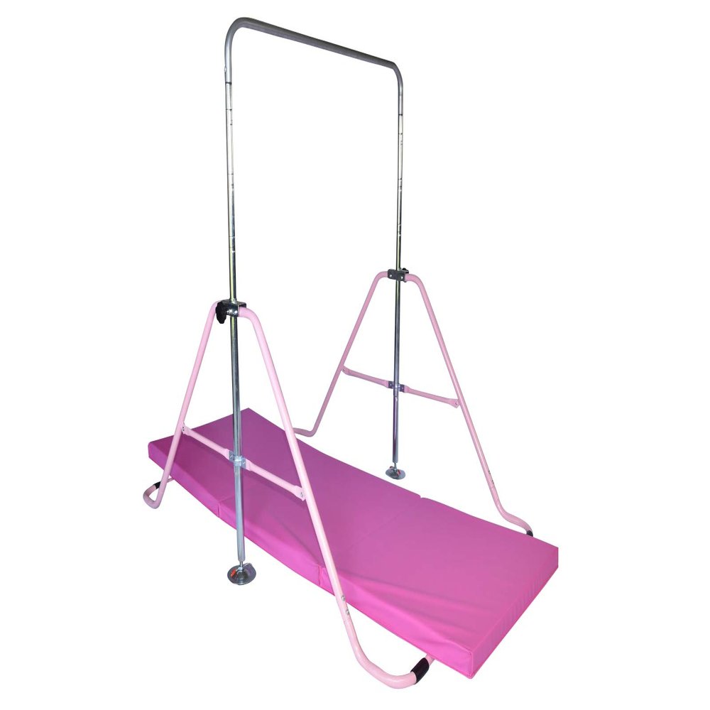 Athletic Bar Expandable Gymnastics Bar Horizontal Kip Bar w 2x6 Mat Junior Training Adjustable Height Jungle Gym Children Training Monkey Bars Climbing Tower Playground Balance Bar Gymnasts Pink