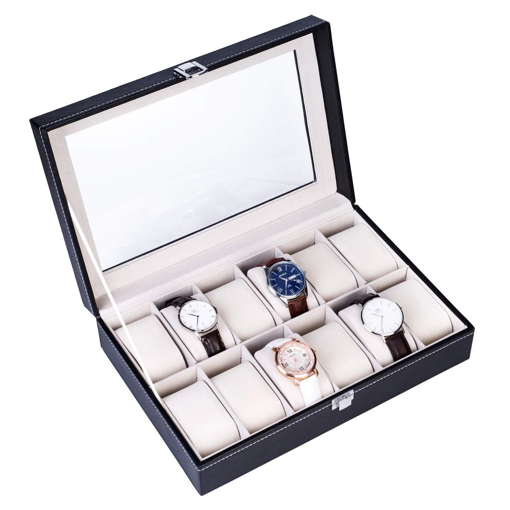 QJR Watch Case Watch Box Men & Women PU Leather Transparency Visible Lid Watch Display box Collection Dustproof Box Hand Chain Jewelry Storage Organizer Case Travel Lockable (Black, 12 slots)