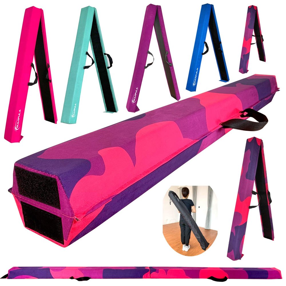 MARFULA 8ft/9ft Folding Gymnastics Balance Beam - Extra Firm - Suede - Non Slip Base for for Home/Gym/Club (5, 9 FT) PinkPurple-Camo