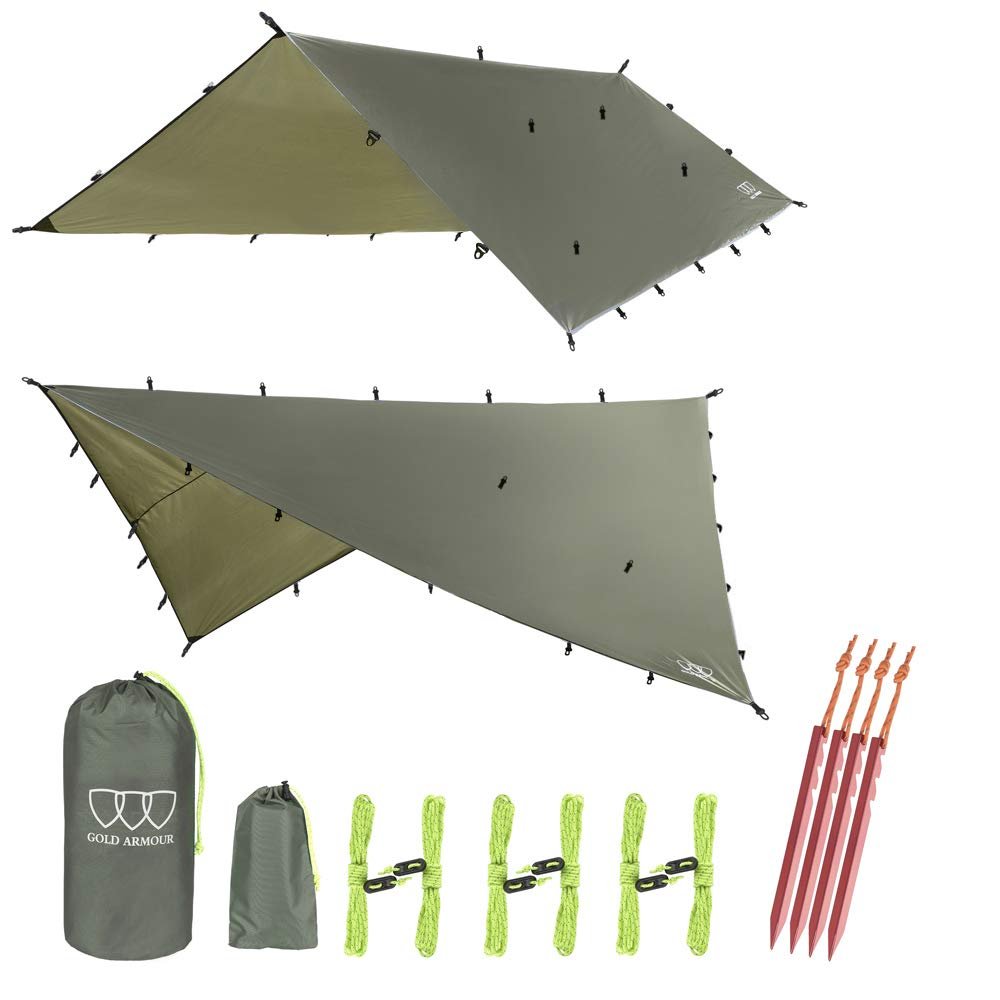 Gold Armour Rainfly Tarp Hammock, Premium 14.7ft/12ft/10ft/8ft Rain Fly Cover, Waterproof Ultralight Camping Shelter Canopy, Survival Equipment Gear Camping Tent Accessories (OD Green 10ft x 10ft)