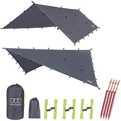 Gold Armour Rainfly Tarp Hammock, Premium 14.7ft/12ft/10ft/8ft Rain Fly Cover, Waterproof Ultralight Camping Shelter Canopy, Survival Equipment Gear Camping Tent Accessories (Gray 14.7ft x 12ft)