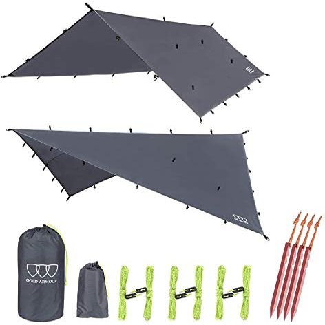 Gold Armour Rainfly Tarp Hammock, Premium 14.7ft/12ft/10ft/8ft Rain Fly Cover, Waterproof Ultralight Camping Shelter Canopy, Survival Equipment Gear Camping Tent Accessories (Gray 14.7ft x 12ft)