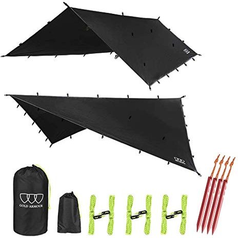 Gold Armour Rainfly Tarp Hammock, Premium 14.7ft/12ft/10ft/8ft Rain Fly Cover, Waterproof Ultralight Camping Shelter Canopy, Survival Equipment Gear Camping Tent Accessories (Black 14.7ft x 12ft)