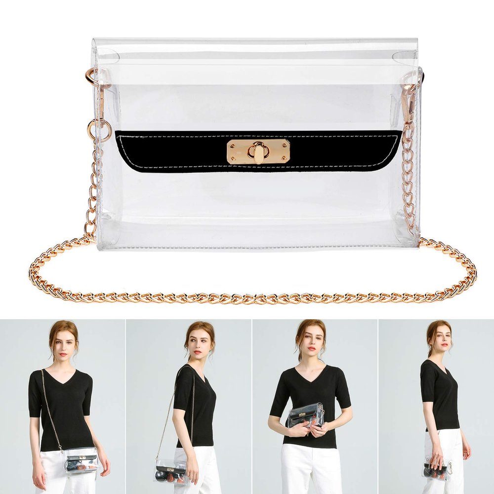Clear Shoulder purse Chain Strap Crossbody Handbag Fashion PGA Stadium Approved Clear purse with Soft Leather for Women