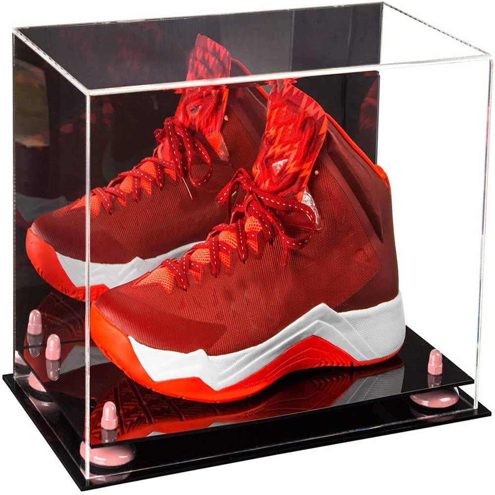 Better Display Cases Acrylic Large Shoe Display Case for Basketball Shoe Soccer Cleat Football Cleat with Mirror, Pink Risers and Black Base (A013/V11)