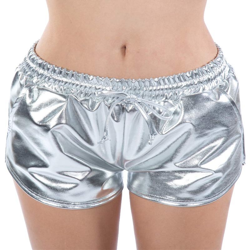 Kangqifen Women's Summer Shiny Drawstring Elastic Waist Shorts with Pockets(L,Silver)