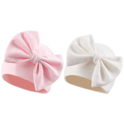Bamery Newborn Baby Girl Hat Cotton Baby Bow Beanie Preemie Hats Spring Infant Hats for Girls 0-12 Months (White+Pink, 0-6 Months)