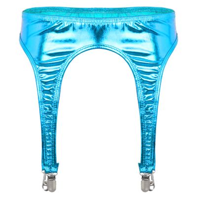Agoky Womens Shiny Metallic Garter Belt Underwear 4 Straps Metal Clip for Thigh High Stocking Light Blue One Size