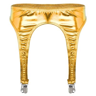 Agoky Womens Shiny Metallic Garter Belt Underwear 4 Straps Metal Clip for Thigh High Stocking Gold One Size