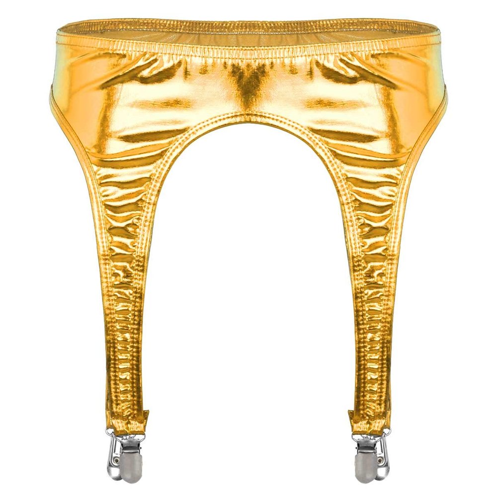 Agoky Womens Shiny Metallic Garter Belt Underwear 4 Straps Metal Clip for Thigh High Stocking Gold One Size