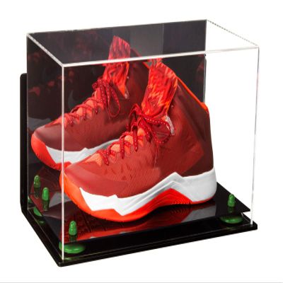 Better Display Cases Acrylic Large Shoe Display Case for Basketball Shoe Soccer Cleat Football Cleat with Mirror, Wall Mount, Green Risers and Black Base (A013/V11)