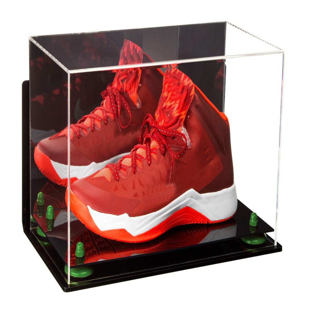 Better Display Cases Acrylic Large Shoe Display Case for Basketball Shoe Soccer Cleat Football Cleat with Mirror, Wall Mount, Green Risers and Black Base (A013/V11)