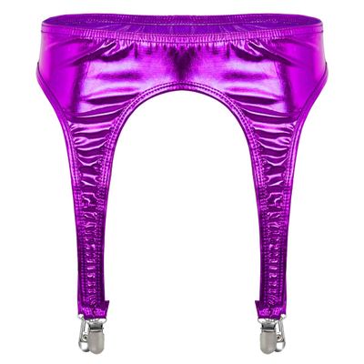 Agoky Womens Shiny Metallic Garter Belt Underwear 4 Straps Metal Clip for Thigh High Stocking Purple One Size