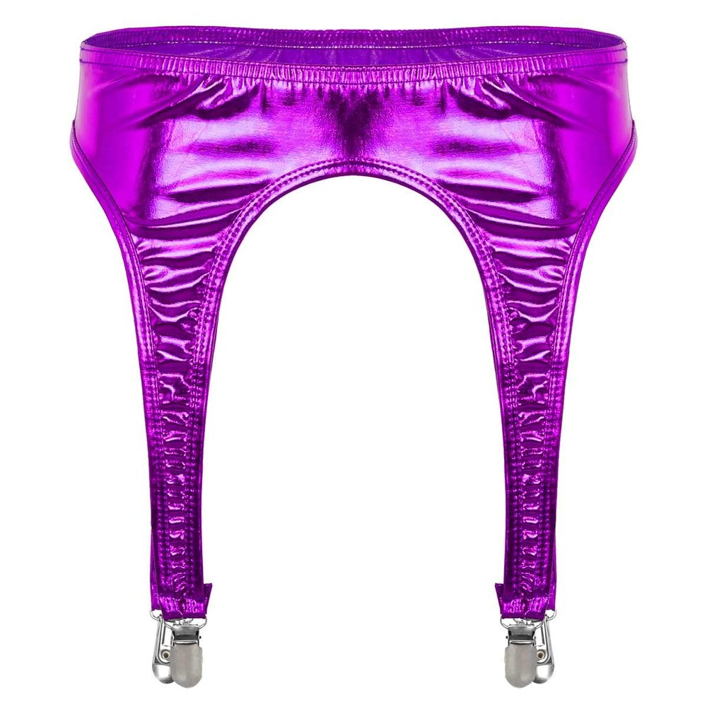 Agoky Womens Shiny Metallic Garter Belt Underwear 4 Straps Metal Clip for Thigh High Stocking Purple One Size