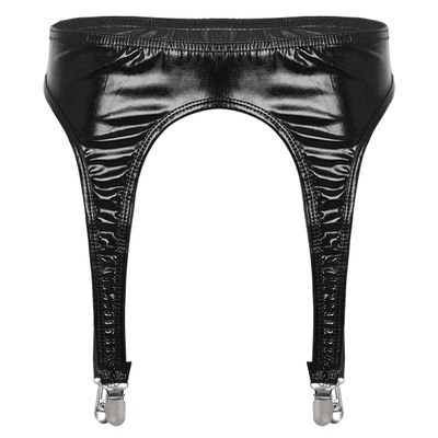Agoky Womens Shiny Metallic Garter Belt Underwear 4 Straps Metal Clip for Thigh High Stocking Black One Size