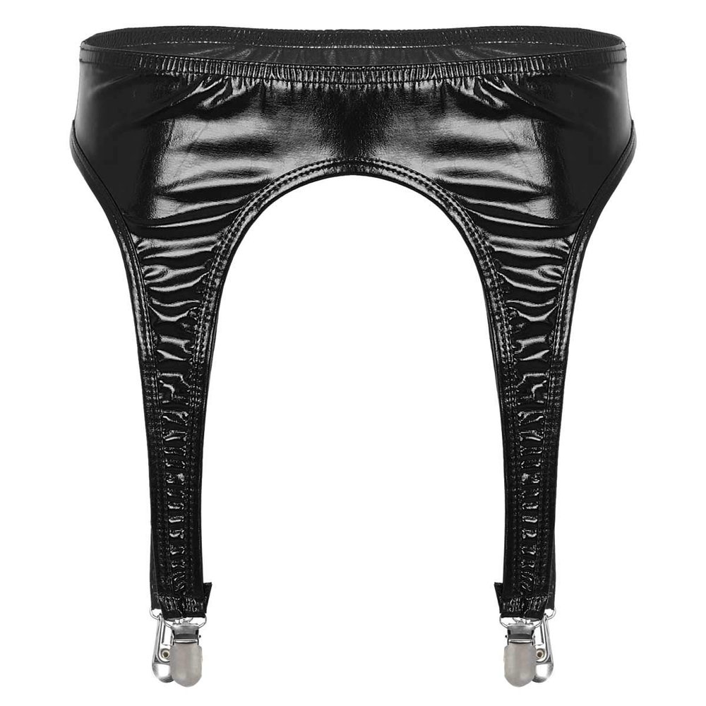 Agoky Womens Shiny Metallic Garter Belt Underwear 4 Straps Metal Clip for Thigh High Stocking Black One Size