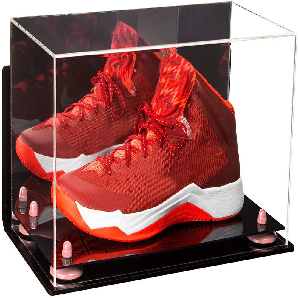 Better Display Cases Acrylic Large Shoe Display Case for Basketball Shoe Soccer Cleat Football Cleat with Mirror, Wall Mount, Pink Risers and Black Base (A013/V11)