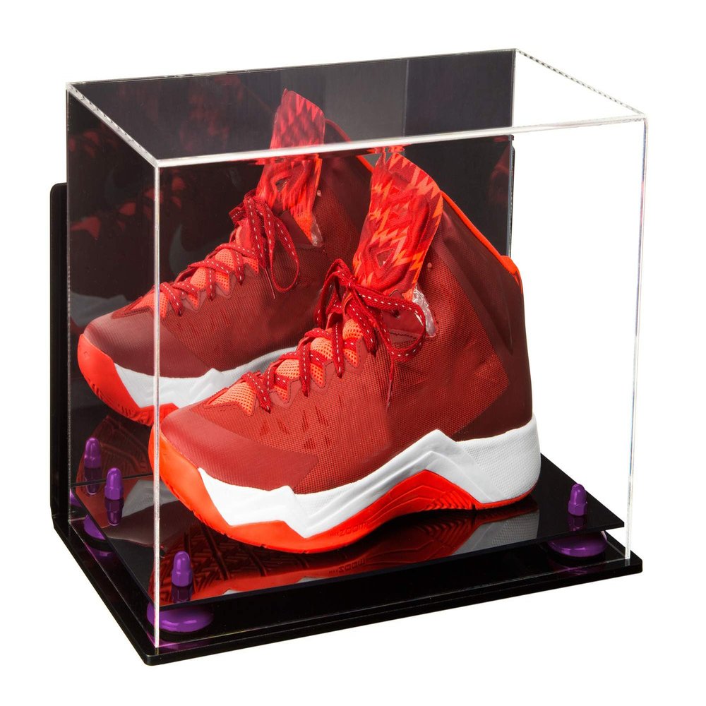 Better Display Cases Acrylic Large Shoe Display Case for Basketball Shoe Soccer Cleat Football Cleat with Mirror, Wall Mount, Purple Risers and Black Base (A013/V11)