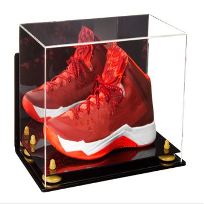 Better Display Cases Acrylic Large Shoe Display Case for Basketball Shoe Soccer Cleat Football Cleat with Mirror, Wall Mount, Yellow Risers and Black Base (A013/V11)