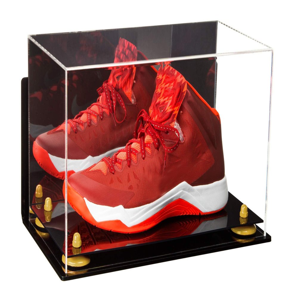 Better Display Cases Acrylic Large Shoe Display Case for Basketball Shoe Soccer Cleat Football Cleat with Mirror, Wall Mount, Yellow Risers and Black Base (A013/V11)