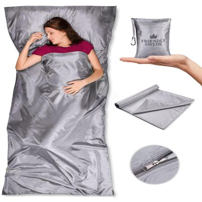 The Friendly Swede XL Sleeping Bag Liner Ultralight - Thin Travel Sheets for Hotel with Full Length Zipper - Camping Sheets & Adult Sleep Sack for Backpacking - Travel Sleeping Bag - Grey (Zipper)