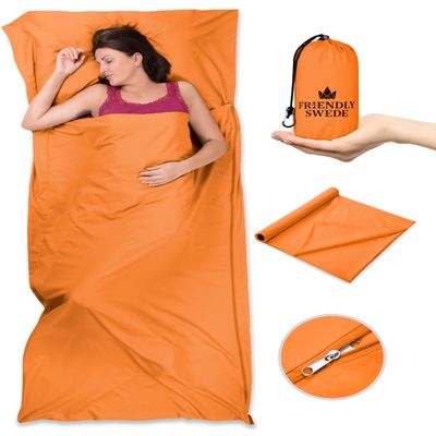 The Friendly Swede Sleeping Bag Liner - Cold Weather Camping Sheets & Adult Sleep Sack with Full Length Zipper - Microfiber Cotton Feel Soft Sheets with Stuff Sack - Orange (Zipper)