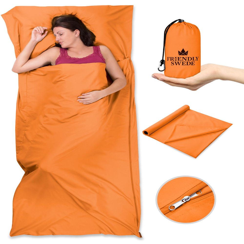 The Friendly Swede Sleeping Bag Liner - Cold Weather Camping Sheets & Adult Sleep Sack with Full Length Zipper - Microfiber Cotton Feel Soft Sheets with Stuff Sack - Orange (Zipper)