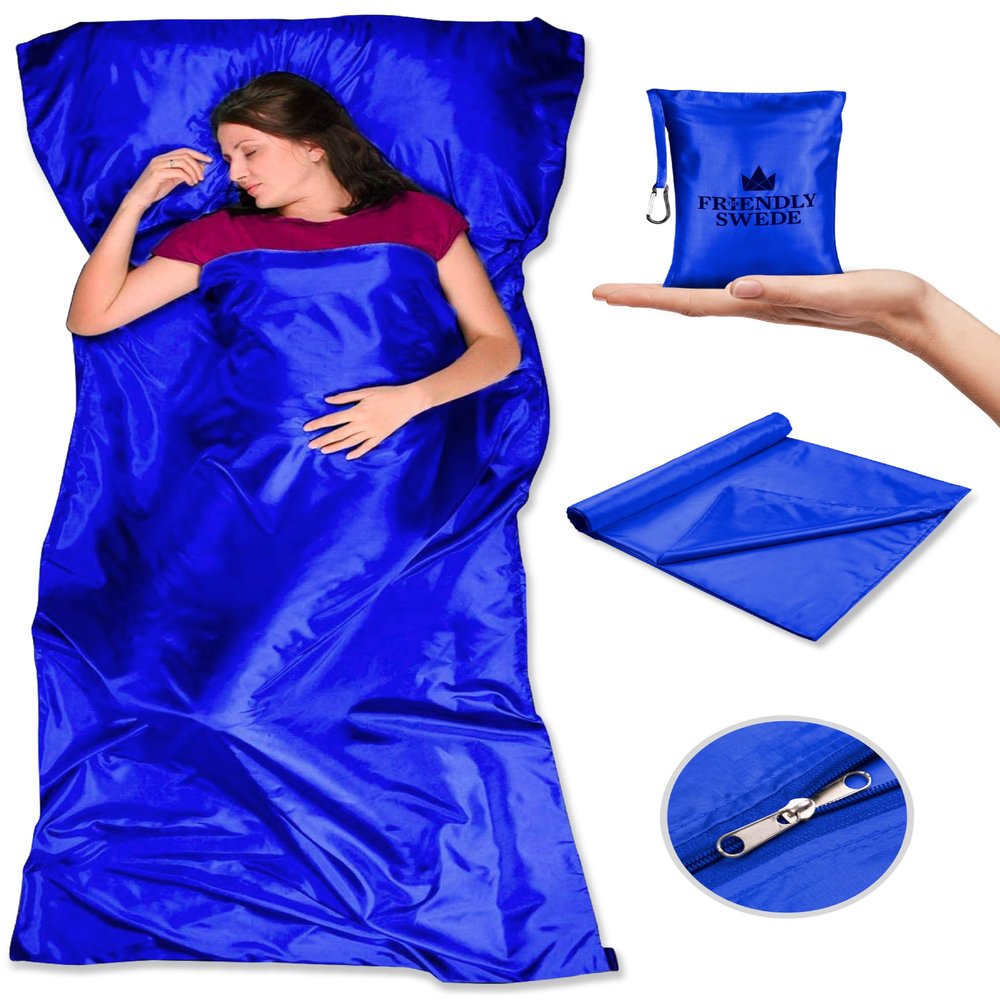 The Friendly Swede Sleeping Bag Liner Ultralight - Thin Travel Sheets for Hotel w Full Length Zipper - Silky Feel Camping Sheets & Adult Sleep Sack for Backpacking - Travel Bag - Blue (Zipper)