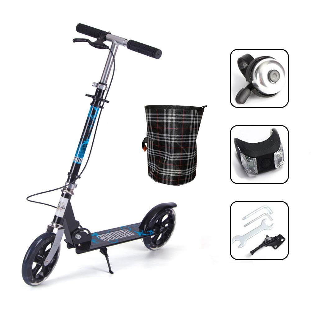 WRRAC-Trampolines Adult City Push Kick Scooter with Large 200MM Wheels, Dual Front Rear Spring Comfort Suspension, Folding Frame Carry Strap - Easy to Carry Light Weight