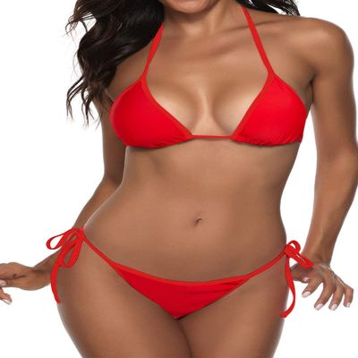 Women Two Piece Swimsuit Sexy Swimwear Halter String Triangle Bikini Sets Red L