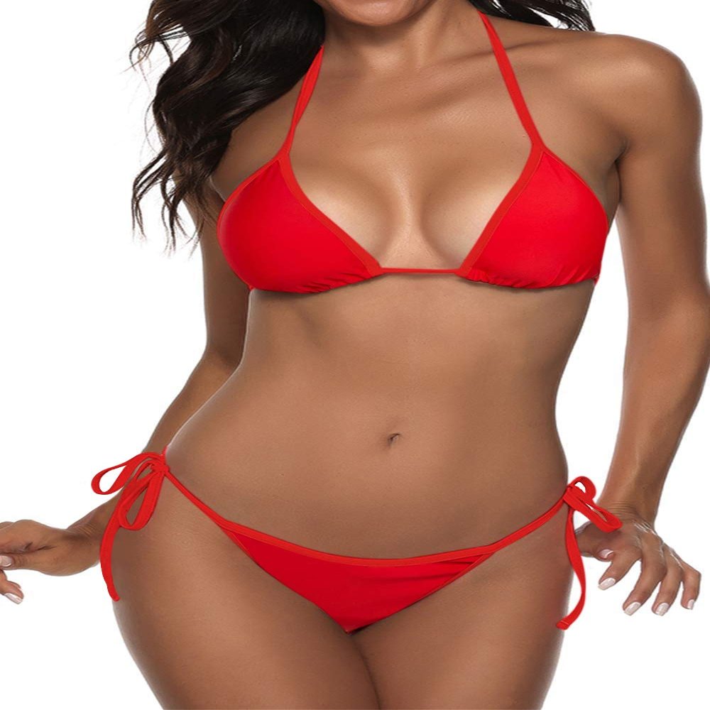 Women Two Piece Swimsuit Sexy Swimwear Halter String Triangle Bikini Sets Red L