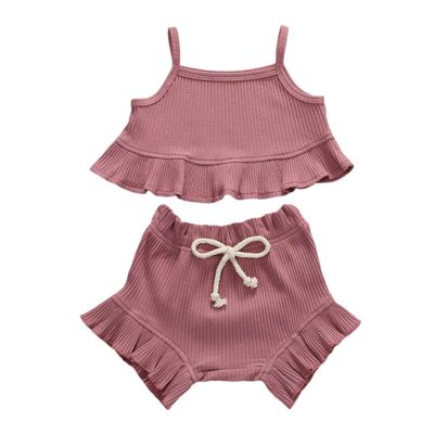 Nokpsedcb Infant Kids Baby Girls Cute Solid Color Ruffle T-shirt Top+Drawstring Bottom Shorts Pants 2Pcs Outfits Set (A-Purple, 0-6 Months)