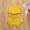 Nokpsedcb Infant Kids Baby Girls Cute Solid Color Ruffle T-shirt Top+Drawstring Bottom Shorts Pants 2Pcs Outfits Set (A-Yellow, 0-6 Months) view 2
