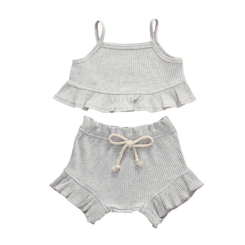 Nokpsedcb Infant Kids Baby Girls Cute Solid Color Ruffle T-shirt Top+Drawstring Bottom Shorts Pants 2Pcs Outfits Set (A-Grey, 18-24 Months)