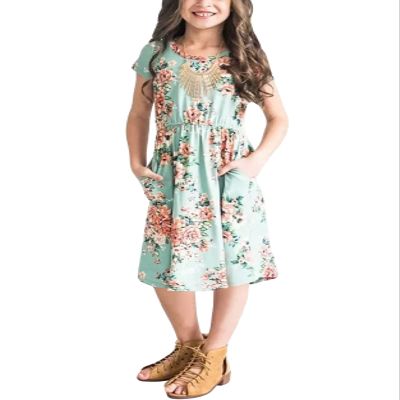 21KIDS Girls Floral Maxi Dress Kids Casual Short Sleeve Tshirt Dress with Pockets,Light Green, 6Years