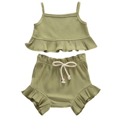 Nokpsedcb Infant Kids Baby Girls Cute Solid Color Ruffle T-shirt Top+Drawstring Bottom Shorts Pants 2Pcs Outfits Set (A-Green, 18-24 Months)