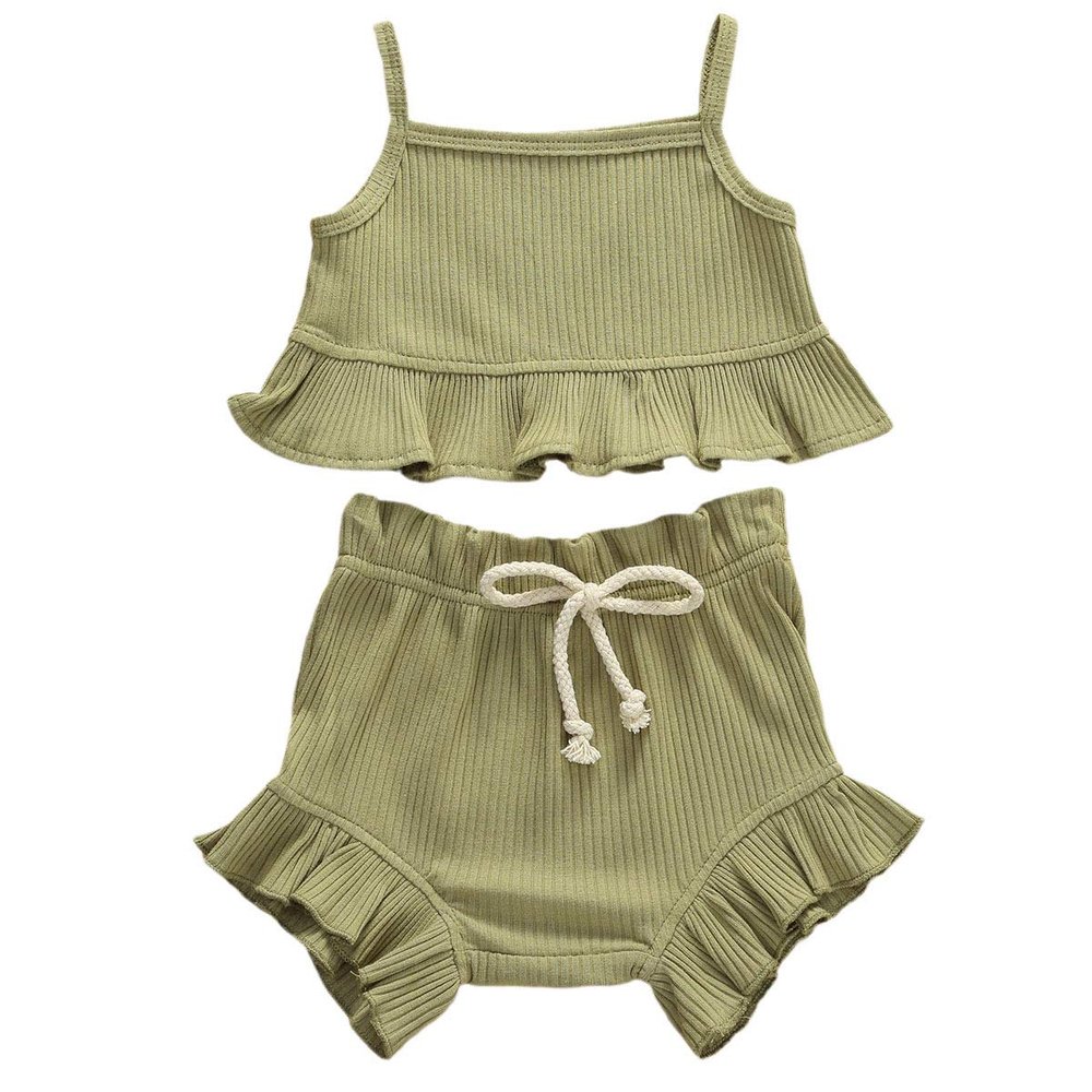 Nokpsedcb Infant Kids Baby Girls Cute Solid Color Ruffle T-shirt Top+Drawstring Bottom Shorts Pants 2Pcs Outfits Set (A-Green, 18-24 Months)