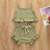 Nokpsedcb Infant Kids Baby Girls Cute Solid Color Ruffle T-shirt Top+Drawstring Bottom Shorts Pants 2Pcs Outfits Set (A-Green, 18-24 Months) view 2
