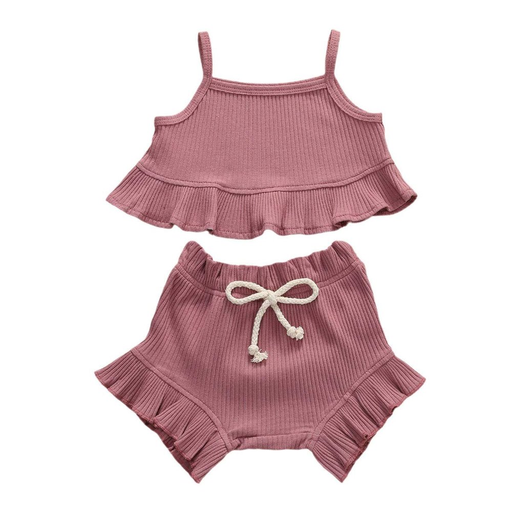 Nokpsedcb Infant Kids Baby Girls Cute Solid Color Ruffle T-shirt Top+Drawstring Bottom Shorts Pants 2Pcs Outfits Set (A-Purple, 12-18 Months)